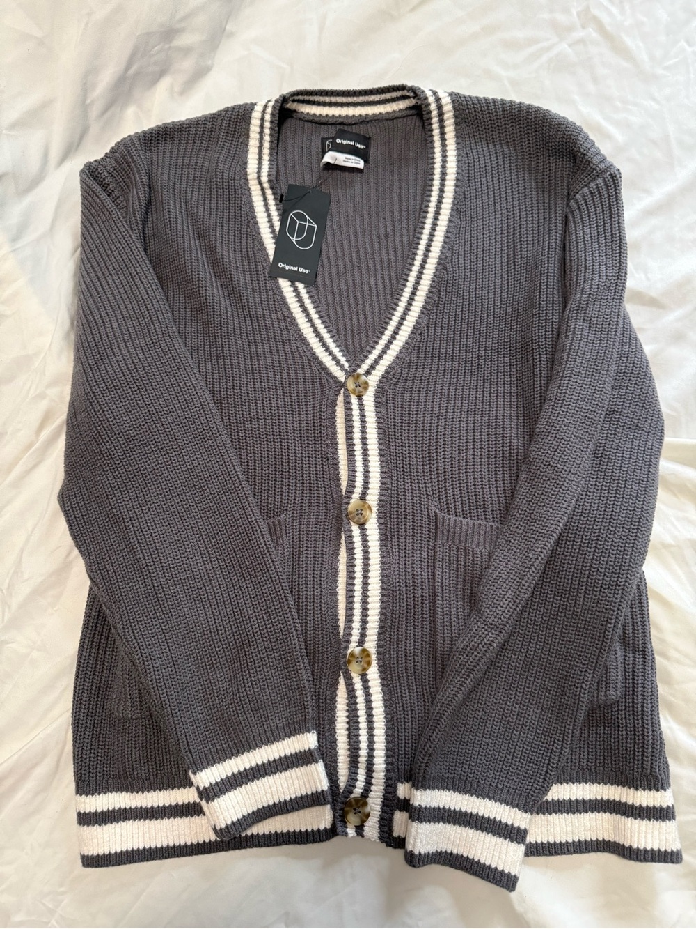 Original Use Gray Knit Cardigan with White Trim
